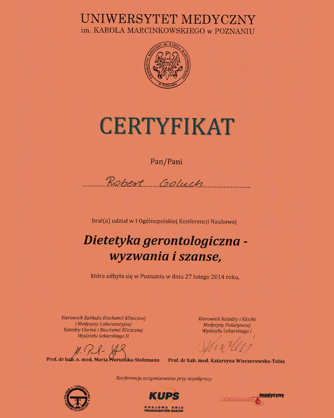 Certyfikat Roberta Golucha DietetykaForum 2014