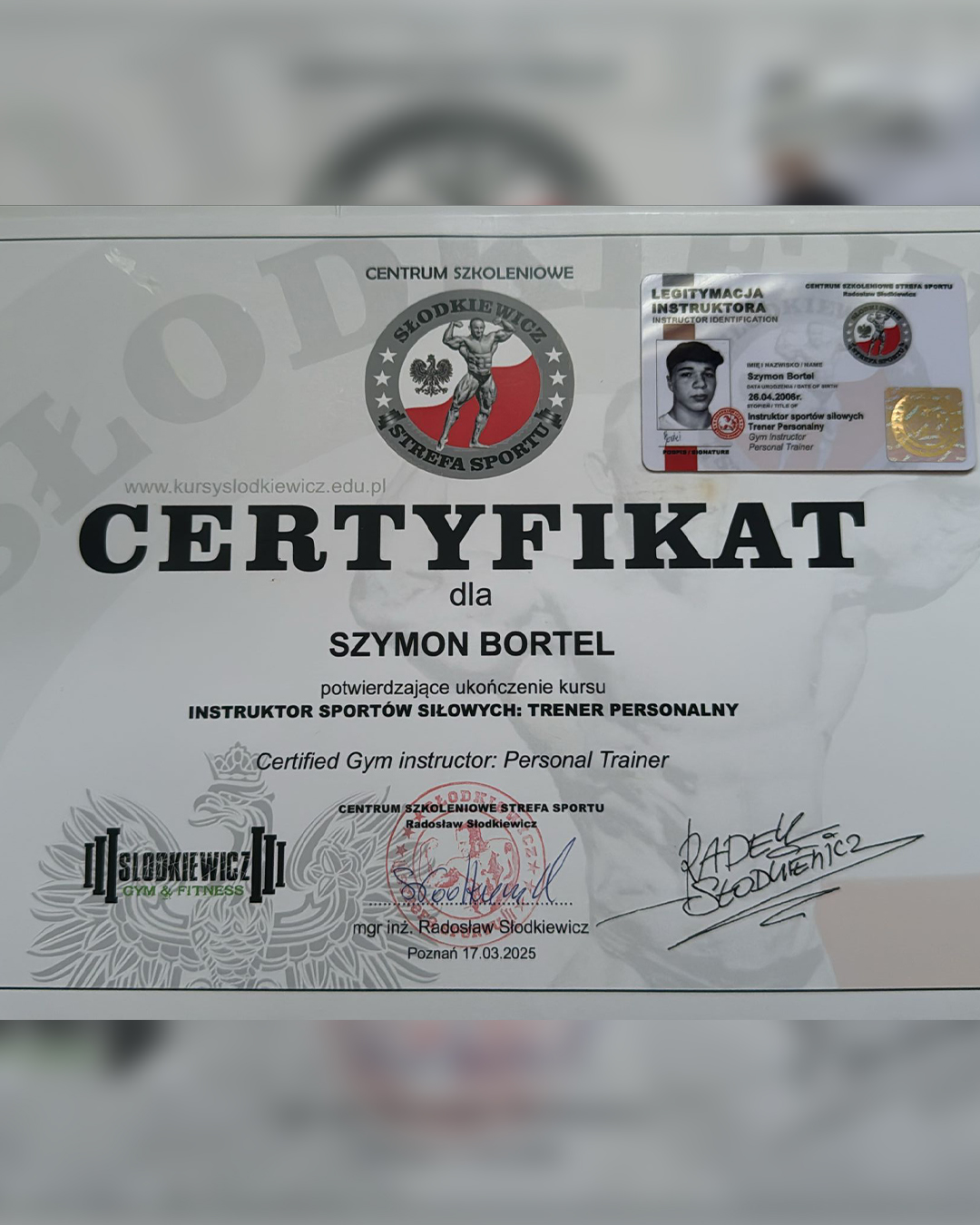 Certyfikat Szymona Bortela 2