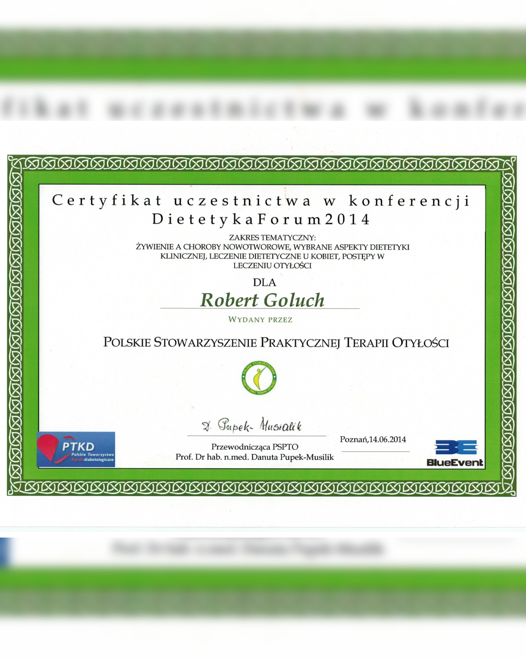 Certyfikat Roberta Golucha dietetyka gerontologiczna