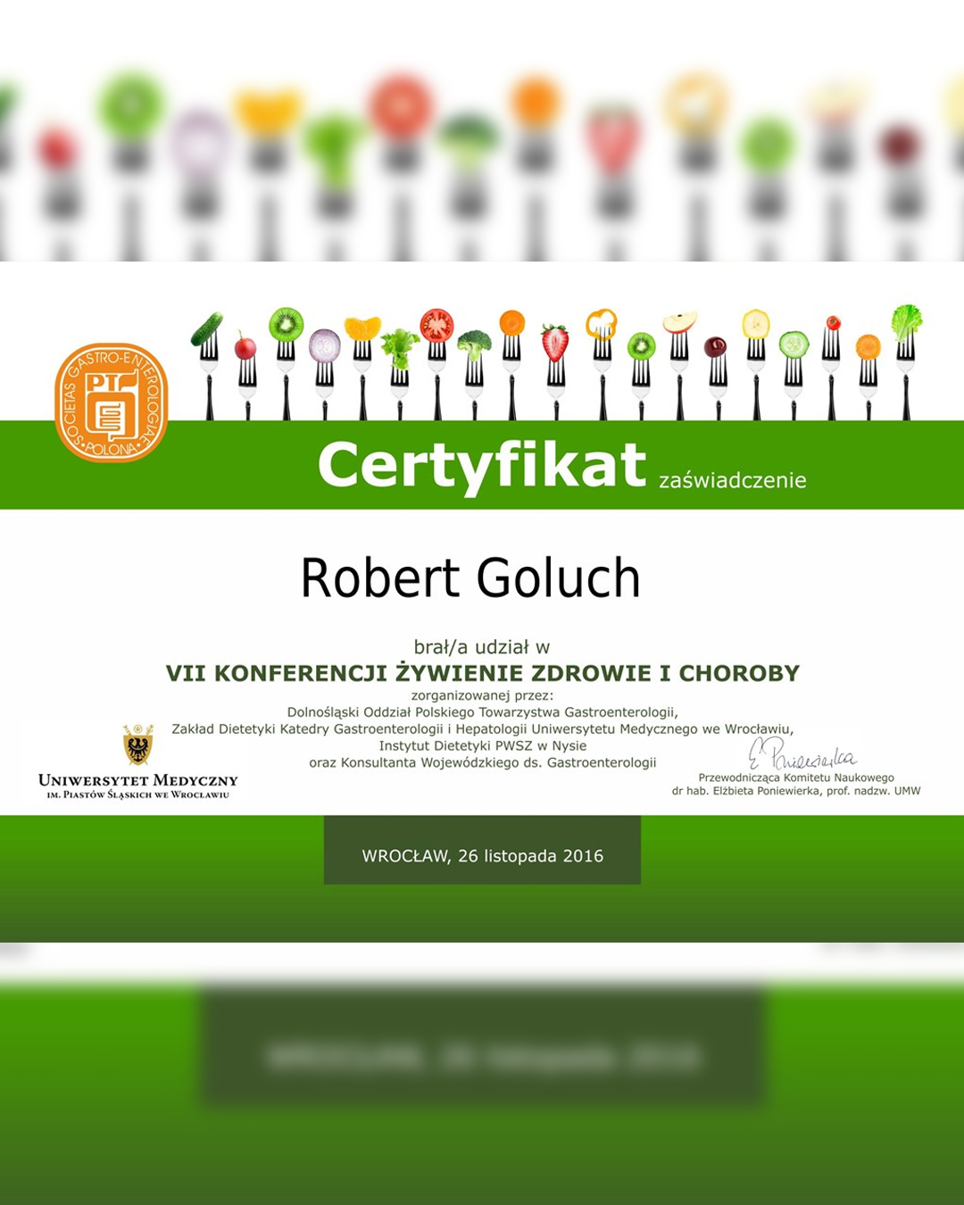 Certyfikat Roberta Golucha DietetykaForum 2015